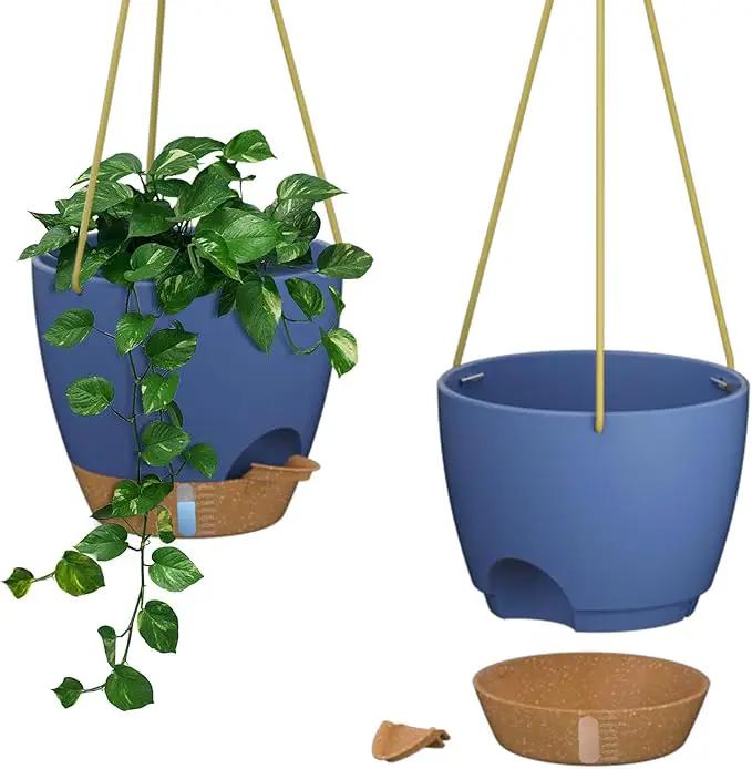 ZMTECH 10 Inch Hanging Planters for Indoor Outdoor Plants, 2 Pack Self Watering Hanging Plant Pots with Drainage Holes and Removable Saucer, Plastic Flower Hanging Pots with Watering Lip (Blue) by GreenHaven Gardens
