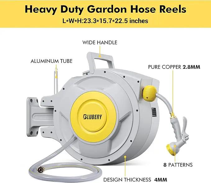 BLUBERY 5/8" x 100+6.7ft Retractable Garden Hose Reel with Slow Return System, Heavy-Duty Wall-Mounted 39.3LB, 10" Handle, 180° Swivel Bracket, Any Length Lock by GreenHaven Gardens