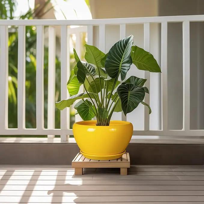 Indoor Planter 11 Inch - Decorative Mid-Century Large Ceramic Plant Pot for Outdoor Plants with Drainage Hole and Saucer, Home Balcony House Garden Patio Office Room Decor, Yellow by GreenHaven Gardens