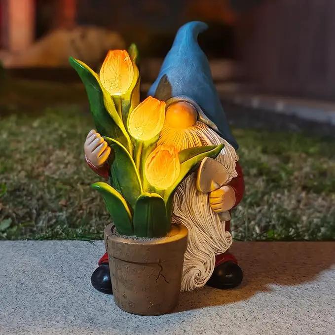 Garden Gnome Statue, Sculpture of a Dwarf Holding a Shovel and a Flower Pot, Solar Gnome Statues Outdoor Decor, Outside Lawn Patio Yard Ornament Gifts by GreenHaven Gardens