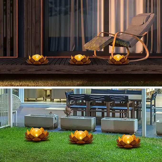 Huaxu Solar Lights Outdoor Decor Metal Lotus Flower LED Waterproof Glass Decorative Gifts for Garden Lover Women Mom Table Pathway Lawn Patio Yard Ground by GreenHaven Gardens