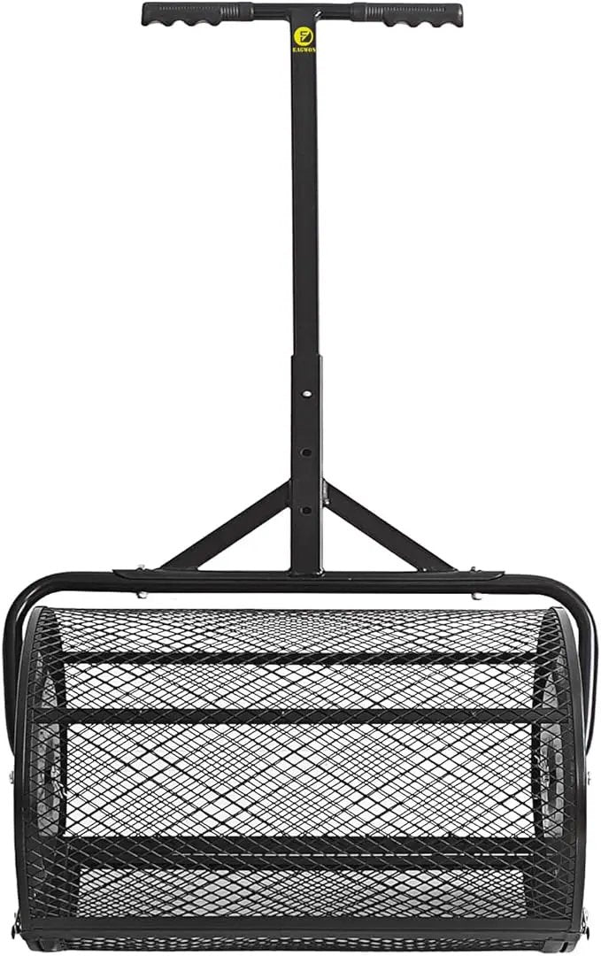 Compost Spreader, 24" Peat Moss Spreader, Roller Lawn Spreader with 3 Heights T Shaped Handle, Side Latches Powder Coated Steel Mesh Basket, Lawn & Garden Spreader for Spreading Manure Topsoil Black by GreenHaven Gardens