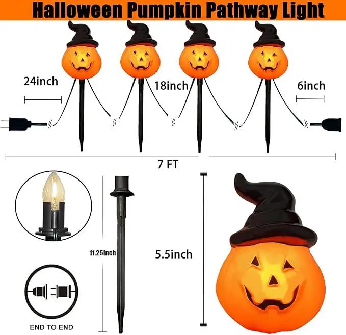 Halloween Decorations Wizard Hat Pumpkin Outdoor String Lights, 4 Pack Halloween Pumpkin Hat Pathway Marker Stake Lights with 4 C7 LED Bulbs for Outdoor Halloween Party Garden Garden Lawn Walkway by GreenHaven Gardens