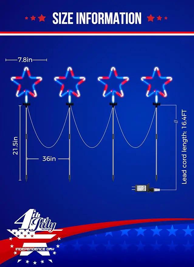 4th of July Decorations Outdoor Red White and Blue Lights, 4 Big Neon Star Pathway Lights Plug in for Independence Day Memorial Day Patriotic Decor Outside Garden Yard Lawn by GreenHaven Gardens