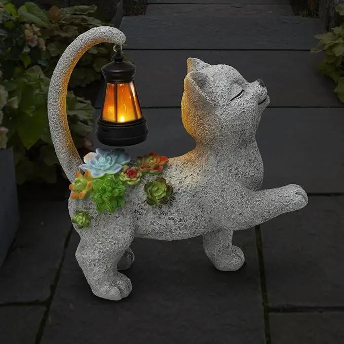 Solar Garden Outdoor Statues Cat with Succulent Solar Lantern, Lawn Decor Kitten Figurine for Patio Balcony Yard, Yard Unique Christmas Birthdays Gift for Mom Grandma by GreenHaven Gardens