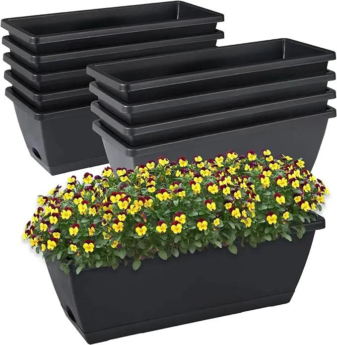 Window Box Planter, 10 Pack Plastic Vegetable Flower Planters Boxes 17 Inches Rectangular Flower Pots with Saucers for Indoor Outdoor Garden, Patio, Home Decor (Black) by GreenHaven Gardens