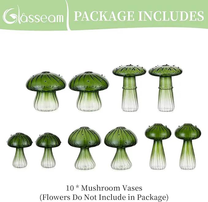 Glasseam Mushroom Plant Propagation Stations: Green Glass Terrarium Jar Set of 10 Cute Planters for Indoor Plants Mini Propagate Station Unique Christmas Birthday Gifts for Women Home Office Decor by GreenHaven Gardens