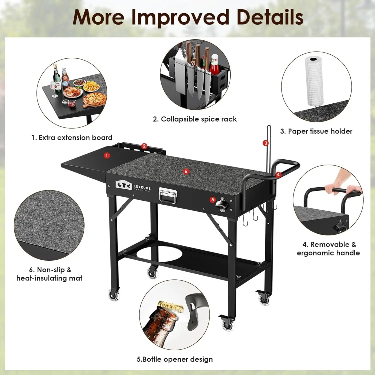 Leteuke Grill Cart for Blackstone Griddle, Portable Outdoor Grill Table, Foldable Cart Table with Wheels for Ninja, Griddle Stand Fit 17 Inch Or 22 Inch, BBQ Prep Tables with Seasoning Tray by GreenHaven Gardens