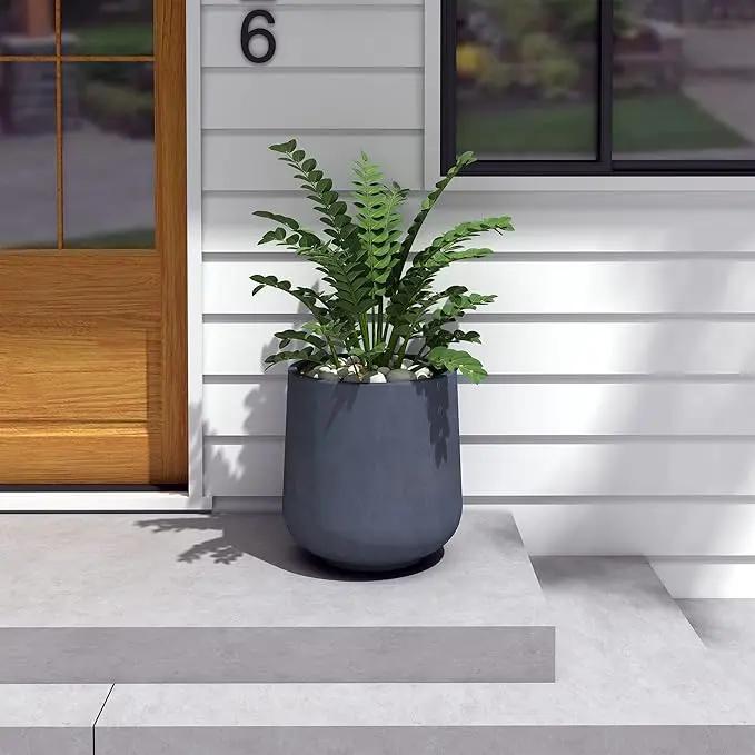 Kante 15.3" Dia Round Concrete Planter, Outdoor Indoor Large Plant Pots Containers with Drainage Hole and Rubber Plug for Home Garden Patio, Charcoal by GreenHaven Gardens