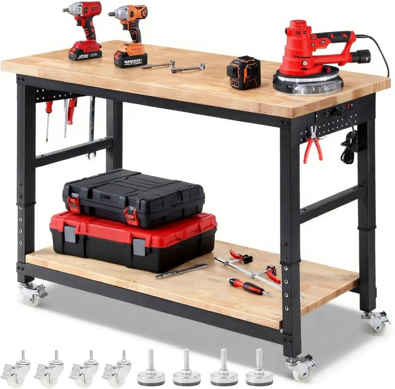 Workbench with Wheels 60 x 22 Heavy Duty Rubberwood Tabletop Work Bench Adjustable Height Garage Work Table with Under Table Shelf, Sided Pegboard, Power Outlets for Home Office by GreenHaven Gardens