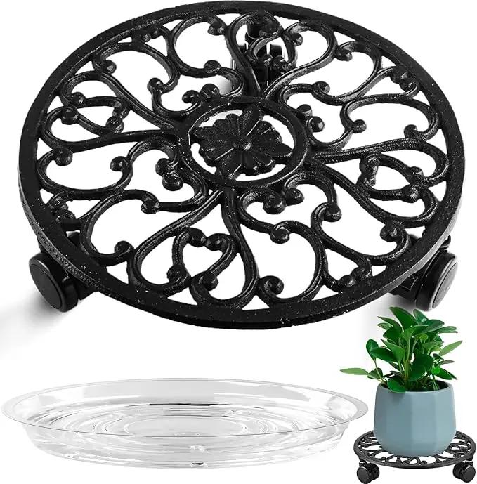 11 Inch Rolling Plant Stand with Wheels Wrought Iron Rolling Plant Stand with Casters Heavy Duty for Indoor Plants Rollers with Plant Saucers, Metal Round Plant Dolly 1 Pack by GreenHaven Gardens