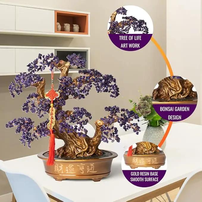 Natural Amethyst Gemstone Crystal Bonsai Tree of Life （1,350 Gemstone Count） Large Feng Shui Money Chakra Tree for Luck and Wealth Desk Decoration 20 Inches by GreenHaven Gardens