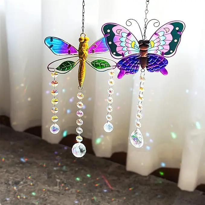 YU FENG Set 2 Suncatchers with Crystals,Stained Glass Butterfly Dragonfly Sun Catchers Window Garden Hanging Decoration Ornament,Prism Rainbow Maker Pendant by GreenHaven Gardens