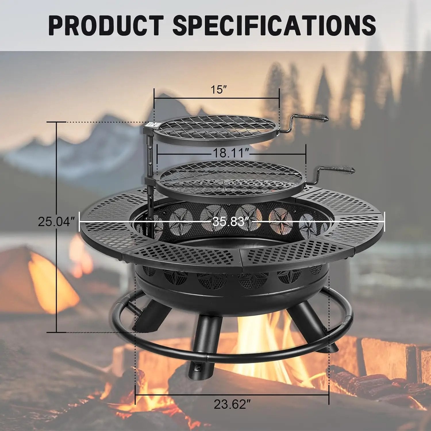 36 Inch Fire Pit with 2 Cooking Grills,Outdoor Wood Burning BBQ Firepit with Lid, 3-in-1 Outdoor Fire Pit for Backyard Deck Bonfire Patio Picnic(Black) by GreenHaven Gardens