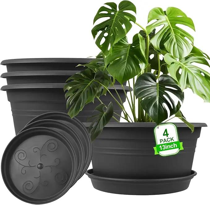 Large Flower Pots Set of 4 Pack 13 inch, Plant Pots Large Outdoor Planters with Drainage Hole & Tray Saucer, Decoration Plastic Pots for Plants for Indoor Outdoor Garden Home Plants Planter (Grey) by GreenHaven Gardens