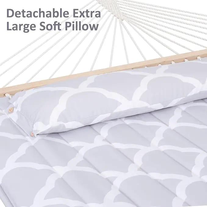 SUNCREAT Double Hammock, Extra Large Quilted Fabric Swing with Hardwood Spreader Bars & Detachable Pillow, Heavy Duty, Perfect for Indoor/Outdoor Patio, Deck, Yard, Gray Cloud by GreenHaven Gardens