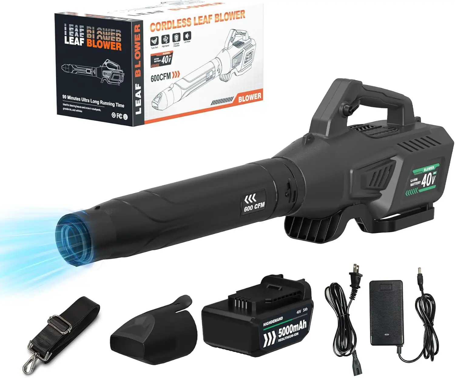 Leaf Blower Cordless with Battery - 40V Powerful Electric Leaf Blower, 600CFM &180MPH and Variable-Speed with 5.0Ah Battery and Charger for Lawn Care, Patio, Dust, Blowing Leaves (Grey) by GreenHaven Gardens