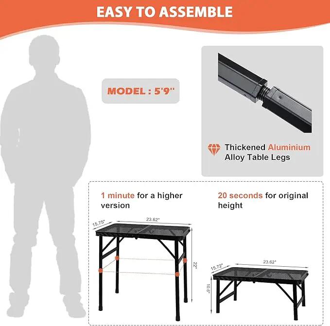 Camping Table with Mesh Desktop, Lightweight & Portable Small Folding Grill Table, Height Adjustable Metal Outdoor Table for Camp, Cooking, BBQ, RV, Picnic-2 FT Black by GreenHaven Gardens