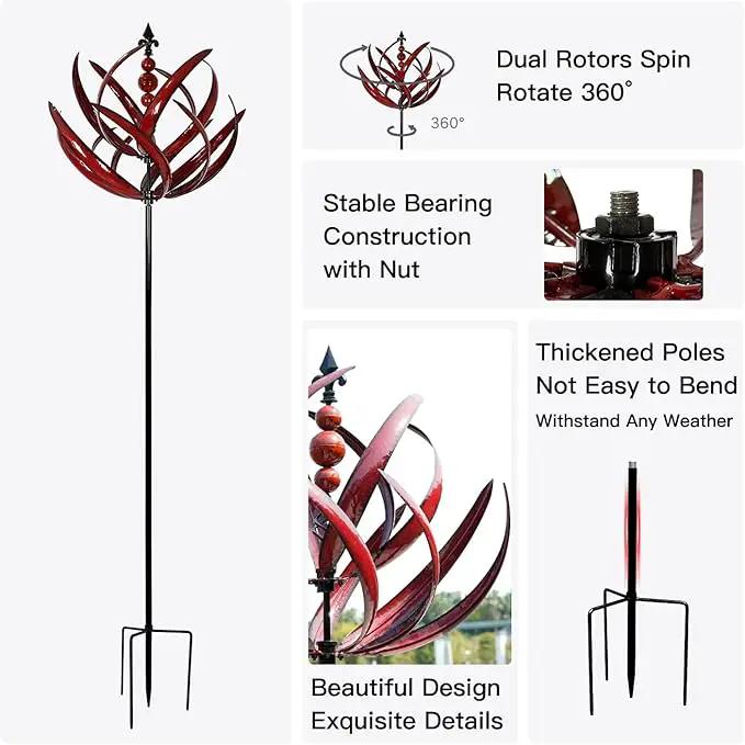 Yard Garden Wind Spinners - Large Outdoor Metal Wind Spinners Sculptures, Lawn Yard Art Garden Decor (Burgundy Lotus) by GreenHaven Gardens