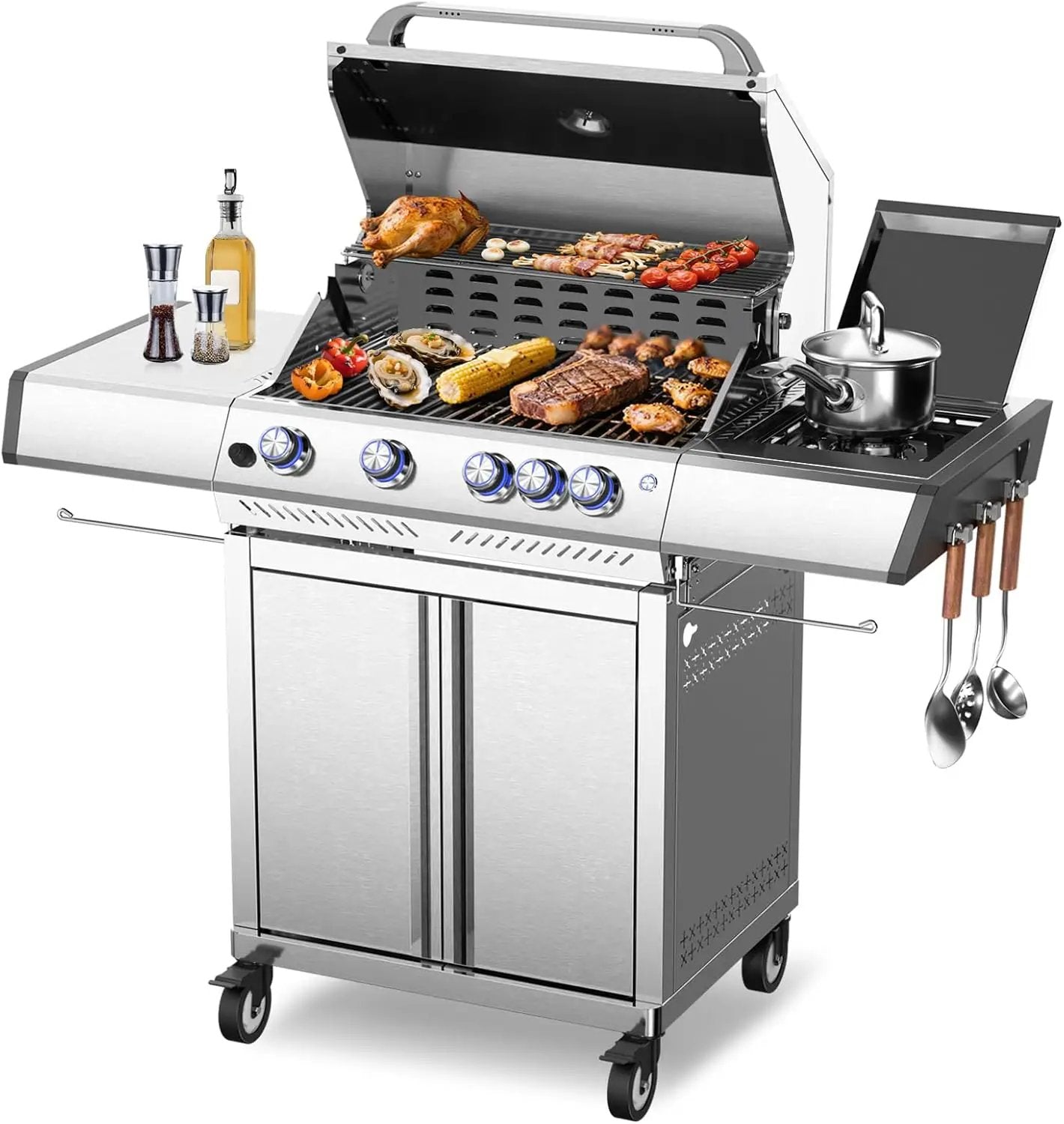 R.W.FLAME 4 Burner Gas Grill, 42,000 BTU Propane Grill, Outdoor Grills with Side Burner, Outdoor Barbecues with Stainless Steel Mesh and Plates, for Camping, Backyard, Patio and Deck by GreenHaven Gardens
