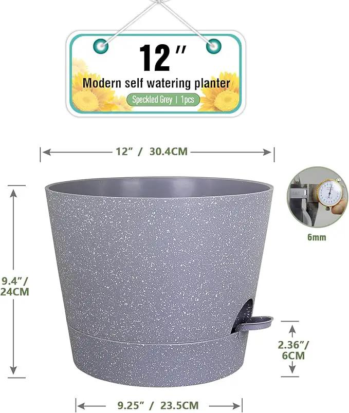 12 inch Large Self Watering Pots for Indoor Outdoor Plants, Plant Pots with Mesh Drainage Holes for Garden House Plants, Plastic Planters with Reservoir for Flower, Speckled Grey by GreenHaven Gardens