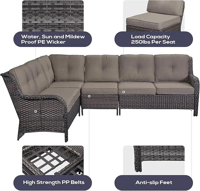 Outdoor Furniture Sectional Sofa L Shaped Couch - Patio Wicker Set with 2 Swivel Glider Chairs, 5 Piece Rattan Patio Conversation Sets with Gray Cushion for Deck Backyard Sunroom by GreenHaven Gardens