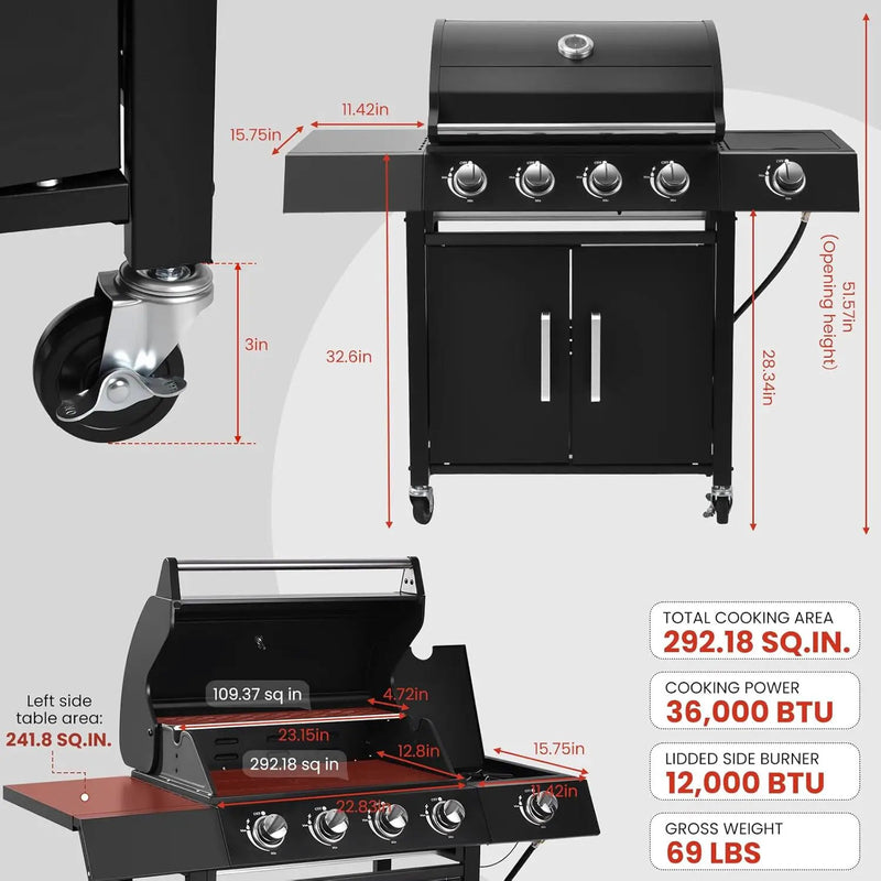 Q043-4-Burner w/Side Burner Gas Grill with 292 SQ.IN. Outdoor Grill with 44,000 BTU,Propane Grills with Top Cover Lid,Grills Outdoor Cooking for Patios,Camping,Balcony,Garden by GreenHaven Gardens