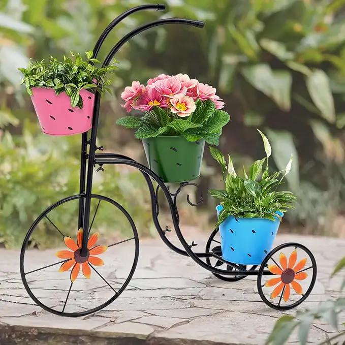 LEWIS&WAYNE Metal Tricycle Planter, 3 Tier Floral Flower Plant Stand Holder Hand Painted Outdoor Garden Patio Decor by GreenHaven Gardens