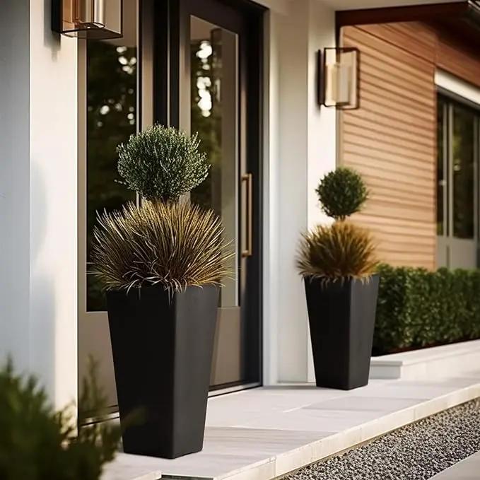 LA JOLIE MUSE 26 inch Tall Black Planters for Outdoor Plants,Set of 2 Tapered Planters with Trays,V-Shape Rectangular Garden Planters for Front Door, Patio and Deck by GreenHaven Gardens
