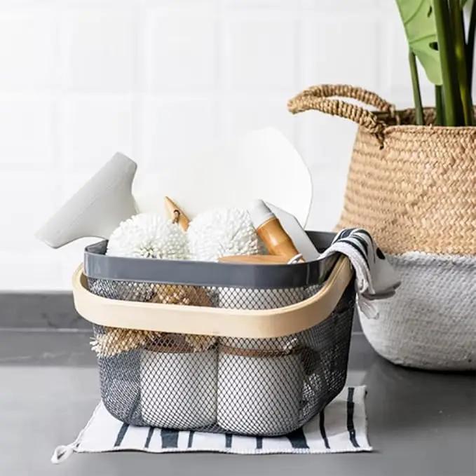 Metal Mesh Steel Basket, Storage Organizer Basket Multi-functional Hanging Kitchen Baskets Fruit Basket with Wooden Handle for Kitchen Bathroom Picnic Shopping Decor Cabinet Home, Grey by GreenHaven Gardens