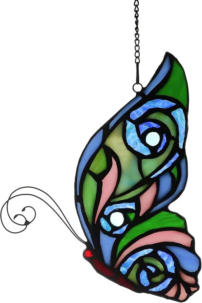 Stained Glass Window Hangings Butterfly Tiffany Style Butterfly Suncatcher for Window Hanging Suncatchers Handcrafted Ornament (Green&Blue) by GreenHaven Gardens