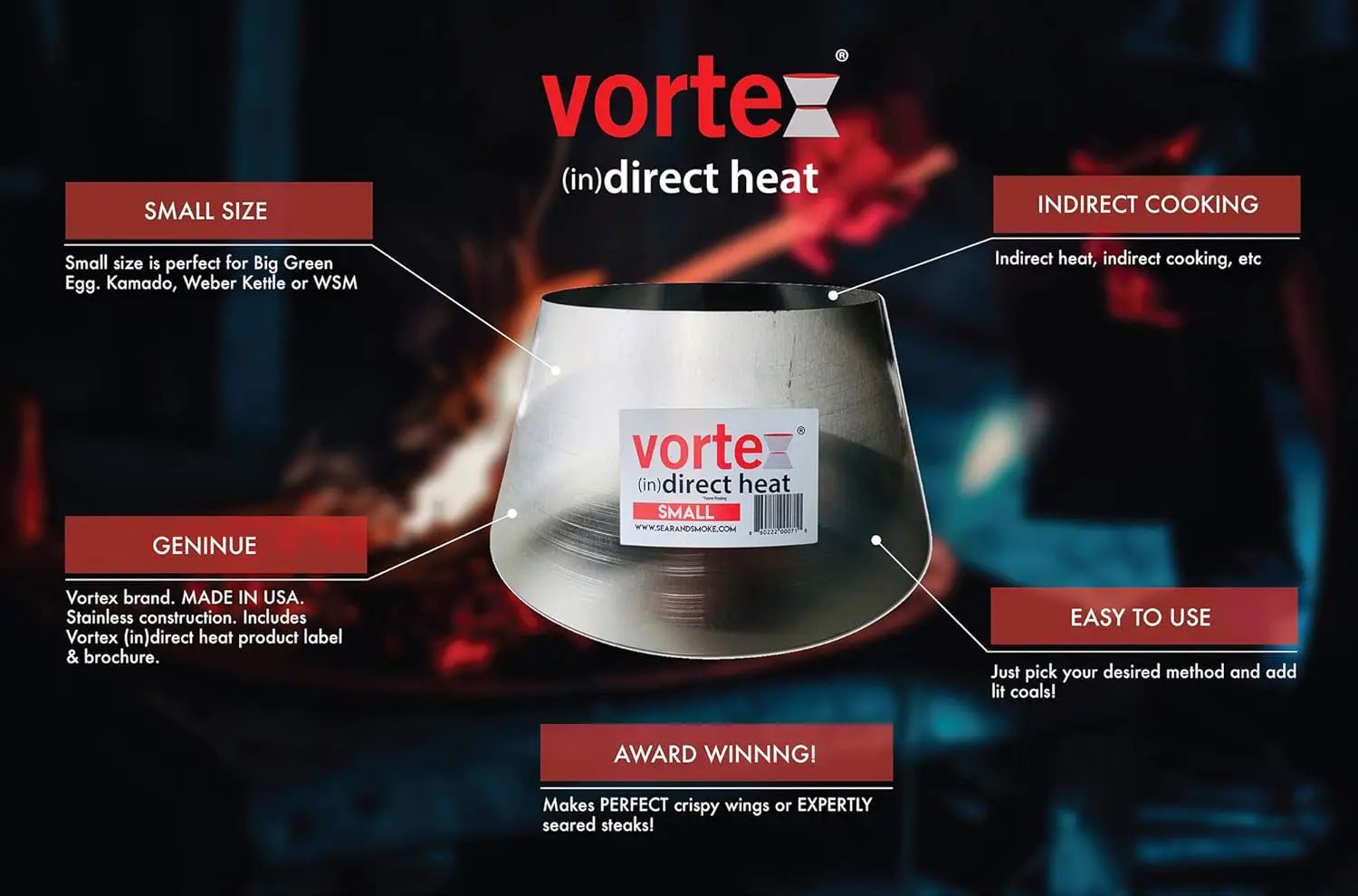 Vortex Small (in) Direct Cooking Charcoal Grill BBQ Accessory Cone 18.5 22.5 for Weber Smokey Mountain WSM Small - Stainless - Original - USA Made -Genuine SM Size by GreenHaven Gardens