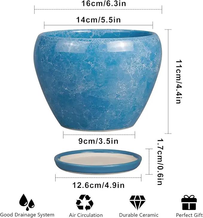 6 Inch Plant Pot - Ceramic Planter Pot with Drainage Hole and Saucer, Glaze Succulent Pot Modern Round Flower Pot for Indoor Plants, Blue by GreenHaven Gardens