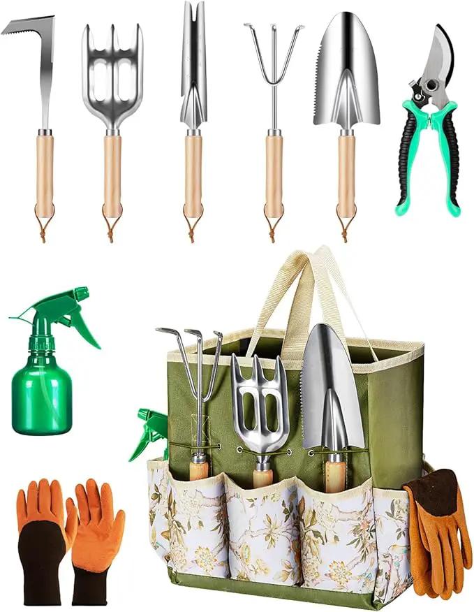 9-Piece Premium Gardening Tool Set for Women - Heavy Duty Stainless Steel Rust-Proof Tools with Fashion Storage Tote | Perfect Gardening Gifts for Mom, Mother's Day, Birthday & Outdoor (Green) by GreenHaven Gardens