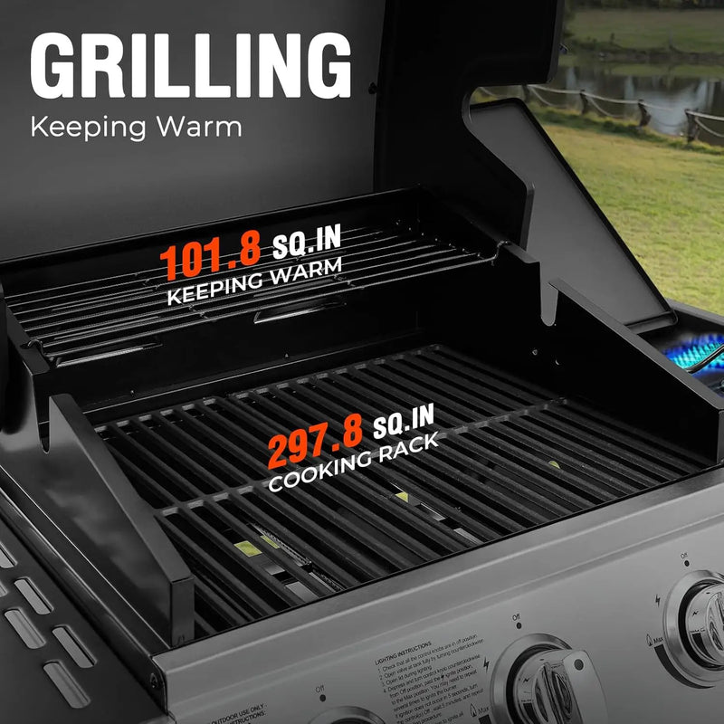 3 Burners Gas Grill with Side Burner, Propane Grill with Wheels and Storage, Outdoor Gas BBQ with Oil Tray and Thermometer for Patio and Party, 37000 BTU by GreenHaven Gardens