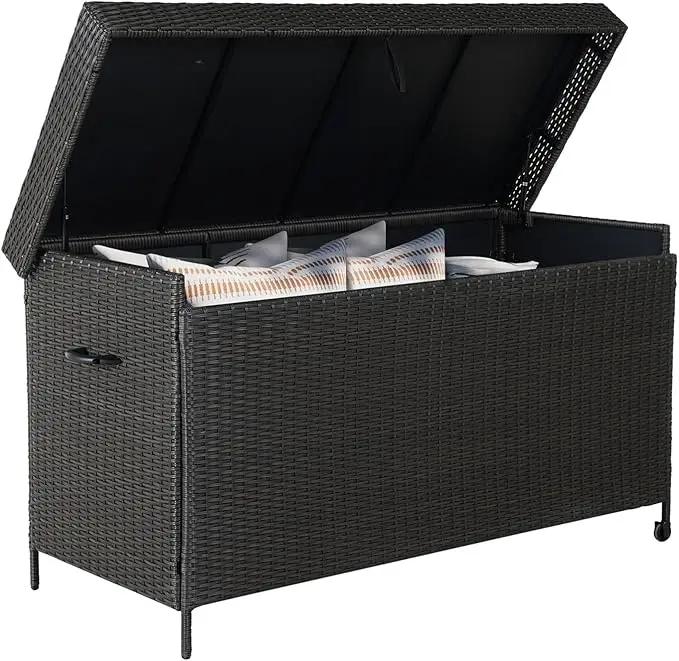 Grand patio 170 Gallon Storage Box, Dark Brown PE Wicker, Minimalist Style, Water Resistant, Flip Top, Smooth Wheels, for Patio Furniture Cushions, Garden Tools, Pool Accessories by GreenHaven Gardens
