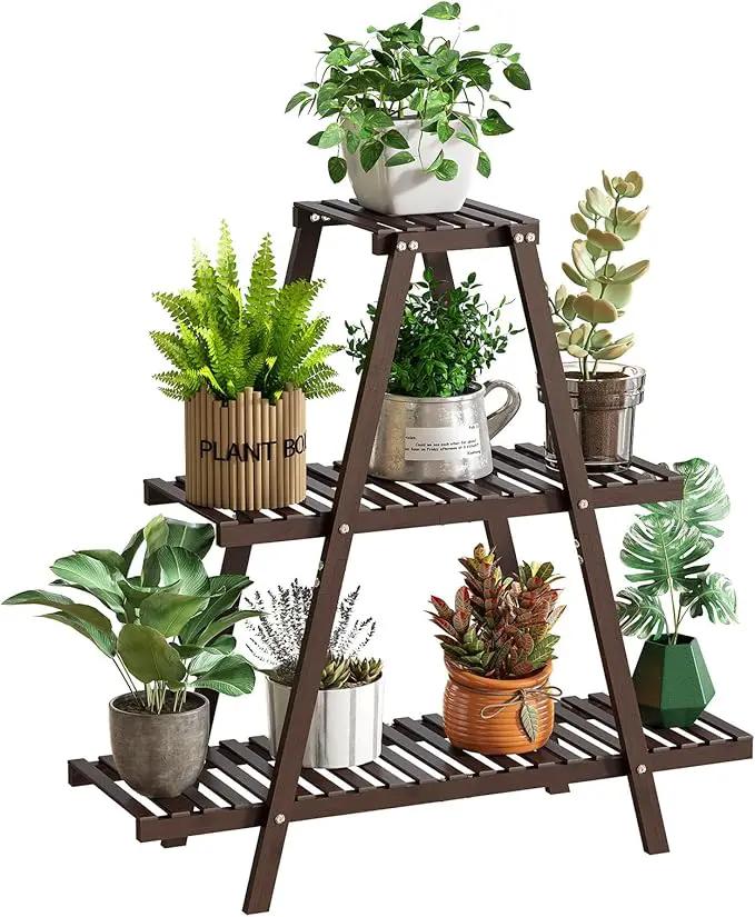 Plant Stand Indoor Plant Shelf Outdoor bamboo Plant Rack, 3 Tiers Ladder Plant Holder Flower Stand for Living Room Balcony Garden Patio,Living Room Boho Home Decor for Gardening Gifts (Brown) by GreenHaven Gardens
