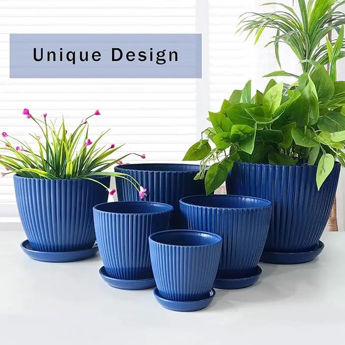 7.5/6.5/5.5/4.9/4.2/3.5 Inches Plant Planters 6 Pack, Thick Sturdy Plastic Pots for Plants, Indoor/Outdoor 6 Sizes Flower Pots with Drainage Holes and Saucers (6 Sizes,Dark-Blue) by GreenHaven Gardens
