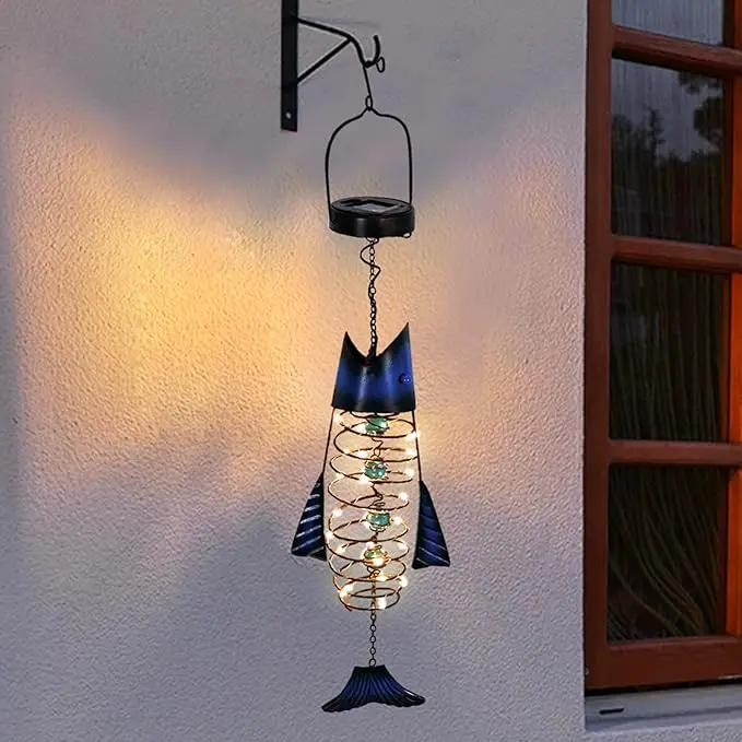 Outdoor Lights for Patio Garden Decor - Metal Solar Fish Hanging Decoration - Solar Lamp Decorative Yard Art - Pretty Nice Lantern for Man Woman Holiday Gift Ideas | Waterproof Warm LED Lighting by GreenHaven Gardens