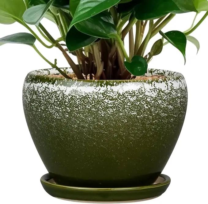 6 Inch Plant Pot - Ceramic Planter Pot with Drainage Hole and Saucer, Glaze Succulent Pot Modern Round Flower Pot for Indoor Plants, Dark Green by GreenHaven Gardens