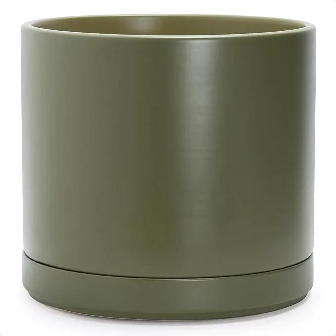 D'vine Dev 14 Inch Ceramic Planter Pot with Drainage Hole and Saucer, Indoor Cylinder Round Planter Pot, Olive, 94-O-G-J by GreenHaven Gardens