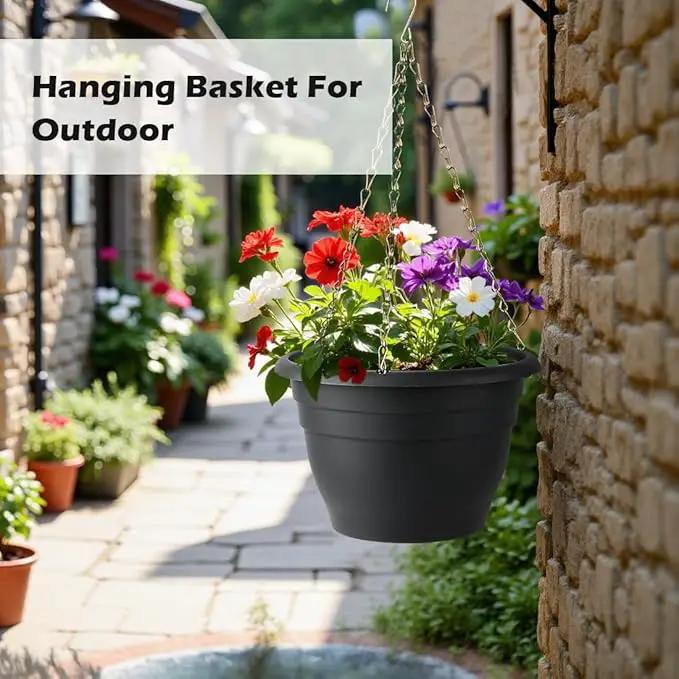 Hanging Planters 10 Inch, 4 Pcs Flower Pots with Drainage Hole, Self Watering Hanging Basket for Indoor Outdoor Plants, Decor, Gray by GreenHaven Gardens