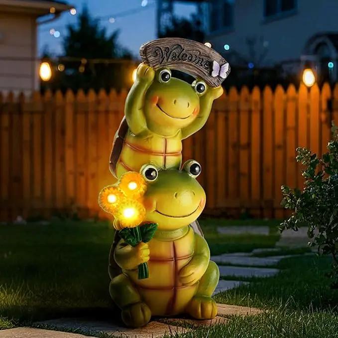 Garden Turtle Outdoor Statues, Solar Garden Statue Two Sweet Frog Face Turtles Decor with 3 LED Lights, Unique Art Resin Gifts for Patio Lawn Porch Yard by GreenHaven Gardens