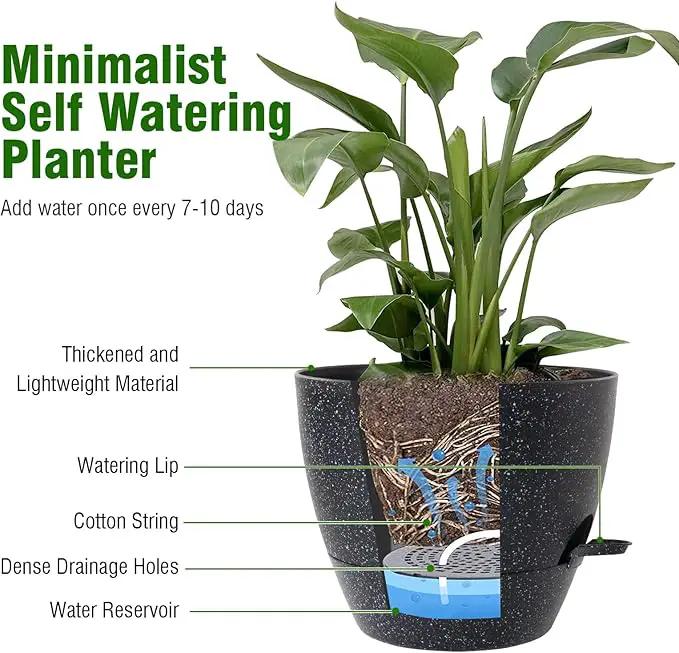 12/10/9 inch Large Self Watering Pots, Planter, Plant Pots with Mesh Drainage Holes for Indoor Outdoor Garden Plants, Plastic Flower Pots with Removable Deep Reservoir, Speckled Black by GreenHaven Gardens