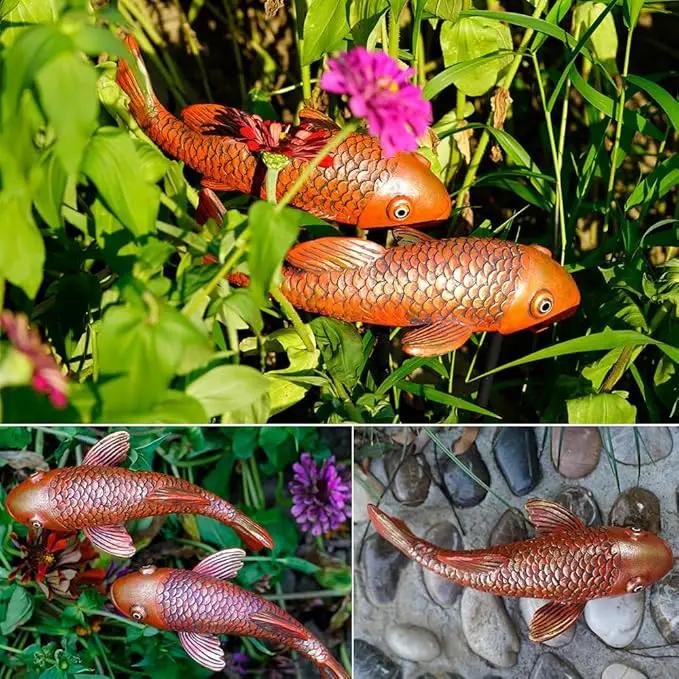 Antique Ceramic Koi Fish Garden Statues - Set of 2 | Exquisite Fish Sculptures for Outdoor, Patio, Pond, and Garden Decorations (Brassy) by GreenHaven Gardens