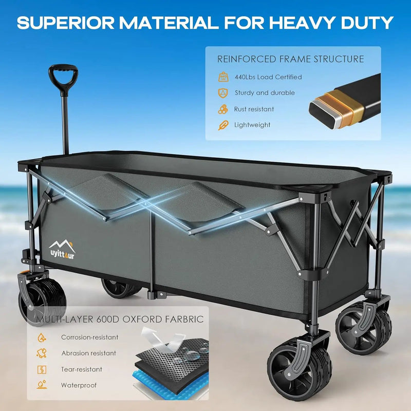 300L Extra Large Collapsible Foldable Wagon, 440lbs Load Capacity 48''L Extended Heavy Duty Folding Beach Wagon with Big All-Terrain Wheels, Utility Garden Cart for Outdoor Activities, Gray by GreenHaven Gardens