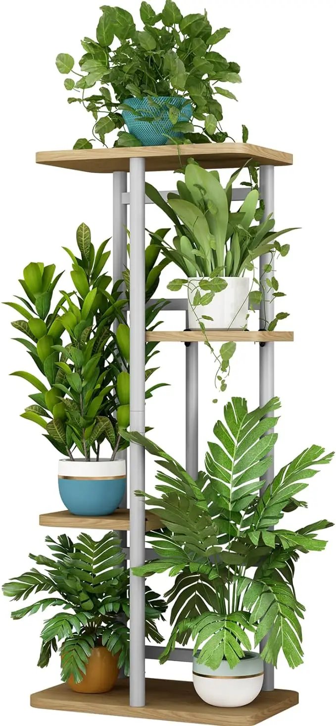 LINZINAR Plant Stand 4 Tier 5 Potted Indoor Plant Shelf Multiple Stands for Garden Corner Balcony Living Room (4 Tier 5 Potted, White) by GreenHaven Gardens