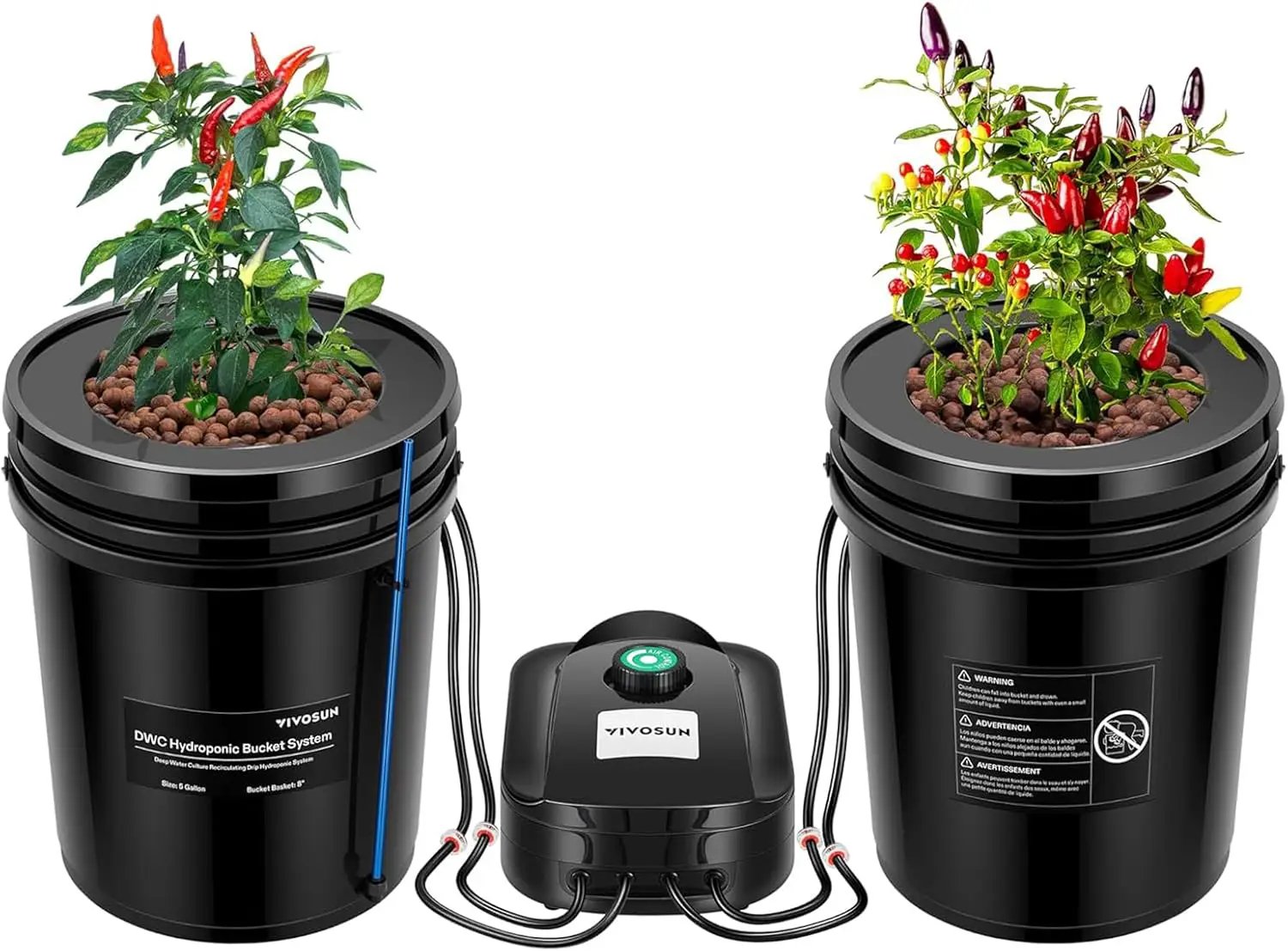 VIVOSUN DWC Hydroponics Grow System with Top Drip Kit, 5-Gallon Deep Water Culture, Recirculating Drip Garden System with Multi-Purpose Air Hose, Air Pump, and Air Stone (2 Buckets + Top Drip Kit) by GreenHaven Gardens