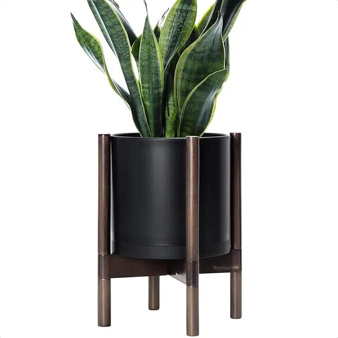 D'vine Dev Planter Pot with Stand - 10 Inch Plastic Cylinder Flower Pot with Wood Planter Holder for Indoor, Matte Black Pot + Walnut Color Stand, 55-C-L-2 by GreenHaven Gardens