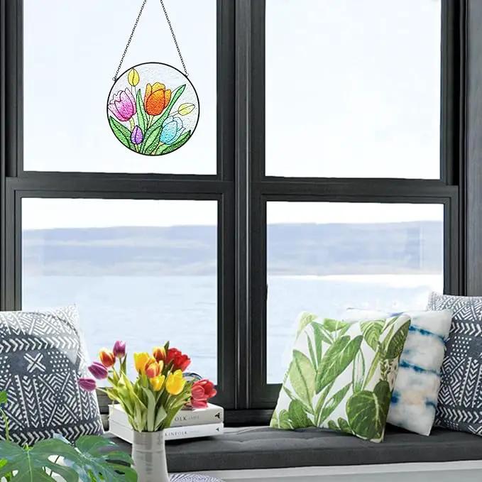 Tuitessine Tulip Suncatcher Stained Glass Window Hanging Panels, 6.3''x6.3'' Round Handmade Hanging Ornament with Chain, Garden Patio Wall Decor Flower Gift for Mom Teachers Friends by GreenHaven Gardens